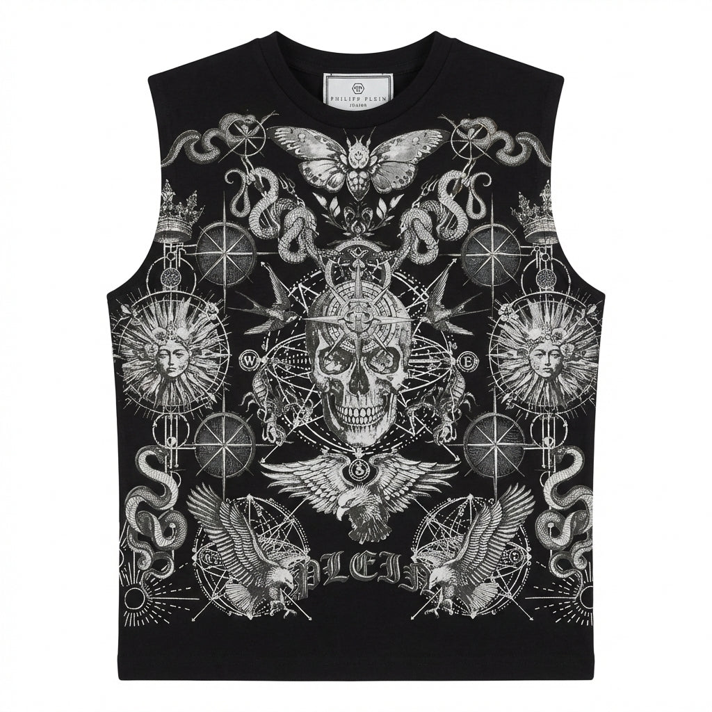 Philipp Plein sleeveless shirt featuring intricate skull and mystical designs available at Lestyle Boutique Melbourne
