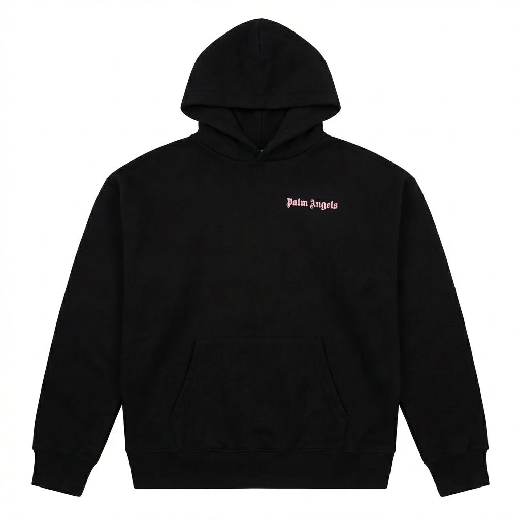 Palm Angels hoodie featuring baby pink over logo and over fit available at Lestyle Boutique Melbourne