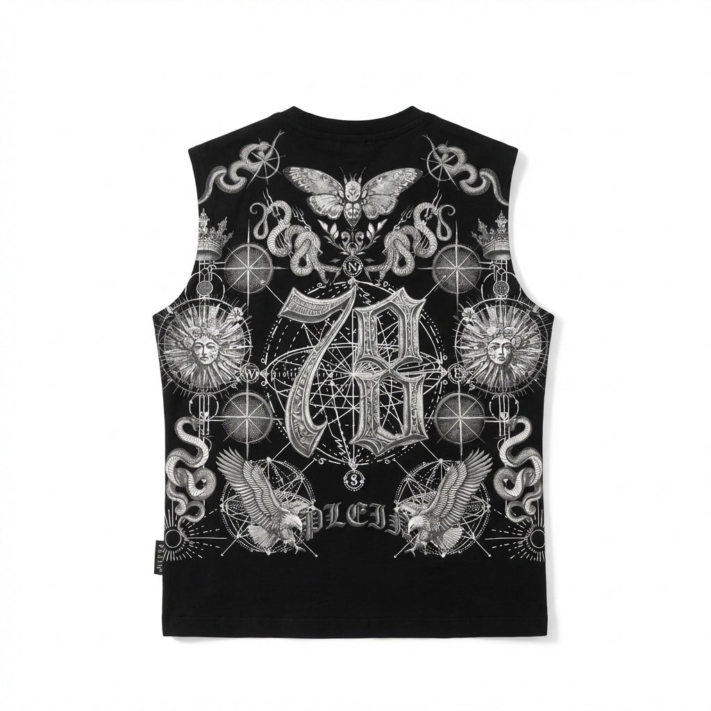 Philipp Plein sleeveless shirt featuring intricate skull and mystical designs available at Lestyle Boutique Melbourne