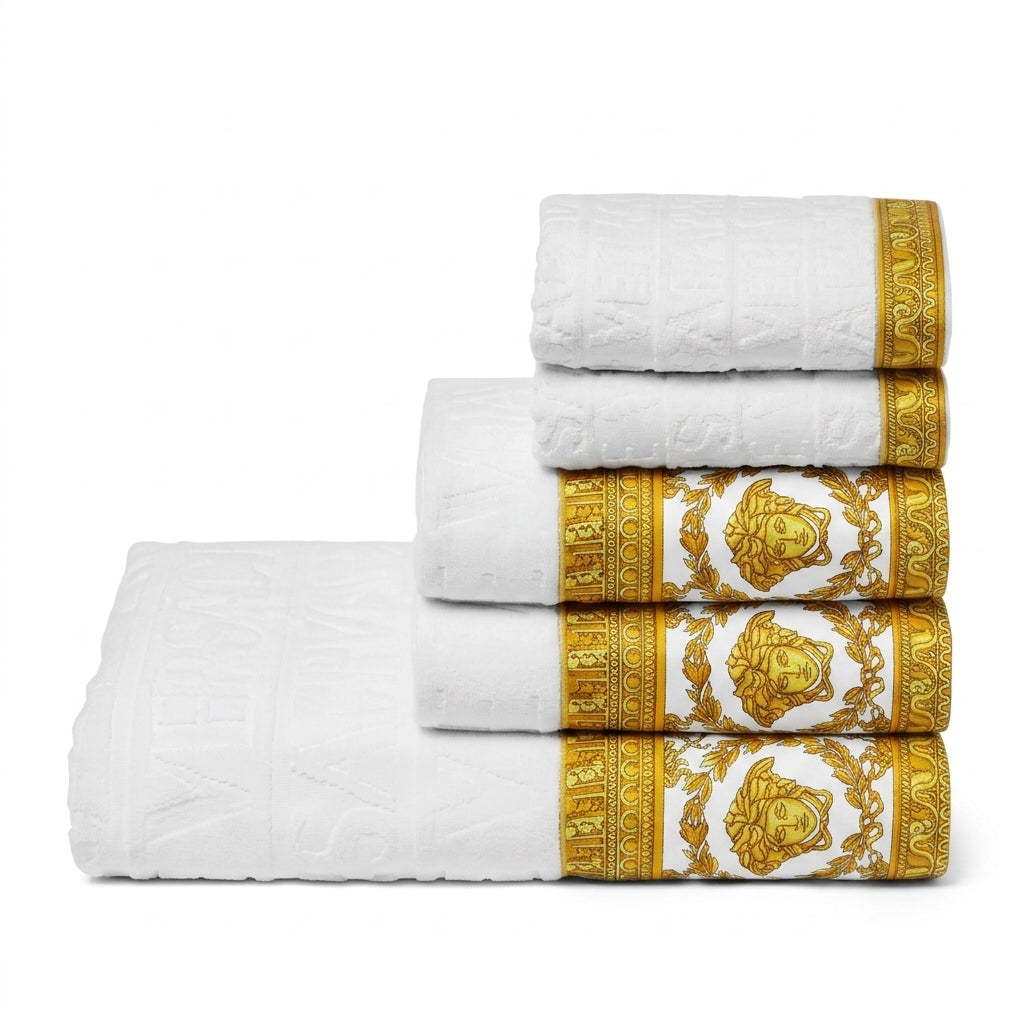 Versace towel set featuring gold lion crest design available at Lestyle Boutique Melbourne