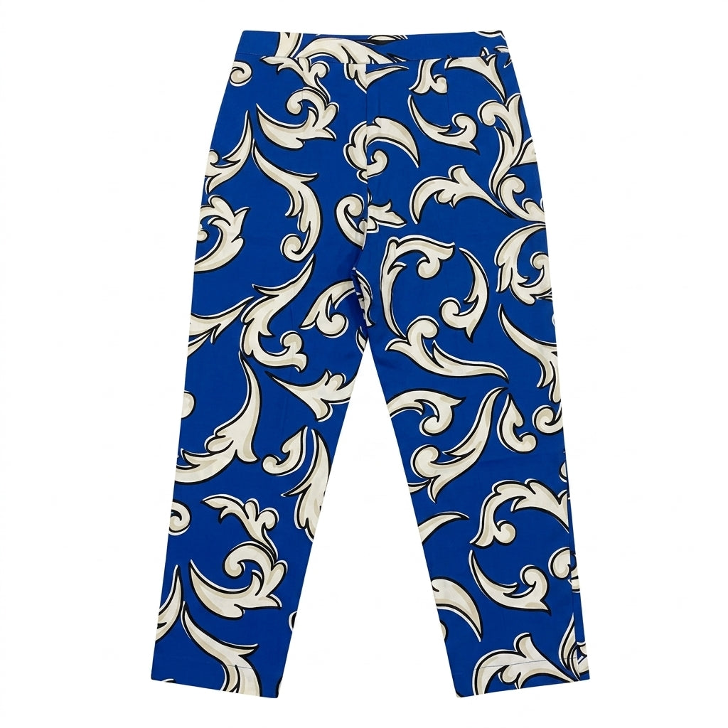 Moschino pants featuring a bold white and blue baroque pattern available at Lestyle Boutique Melbourne