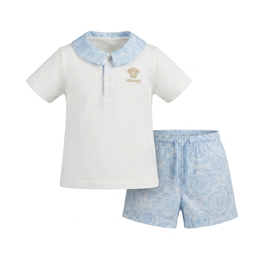 Versace kids set featuring light blue logo print available at Lestyle Boutique Melbourne
