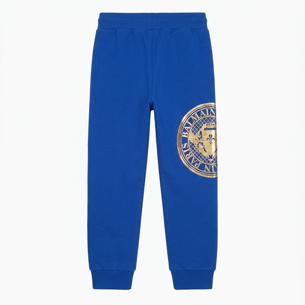 BALMAIN sweatpants featuring blue logo crest available at Lestyle Boutique Melbourne