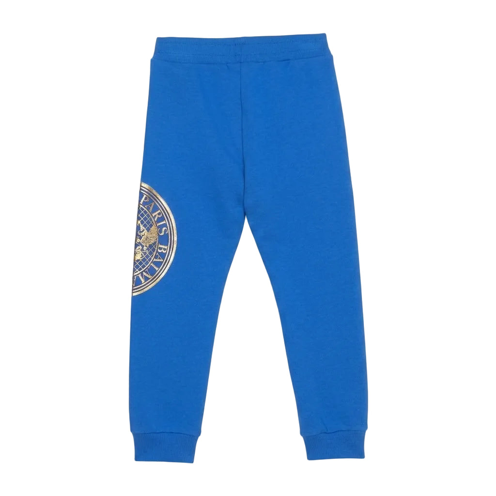 BALMAIN sweatpants featuring blue logo crest available at Lestyle Boutique Melbourne