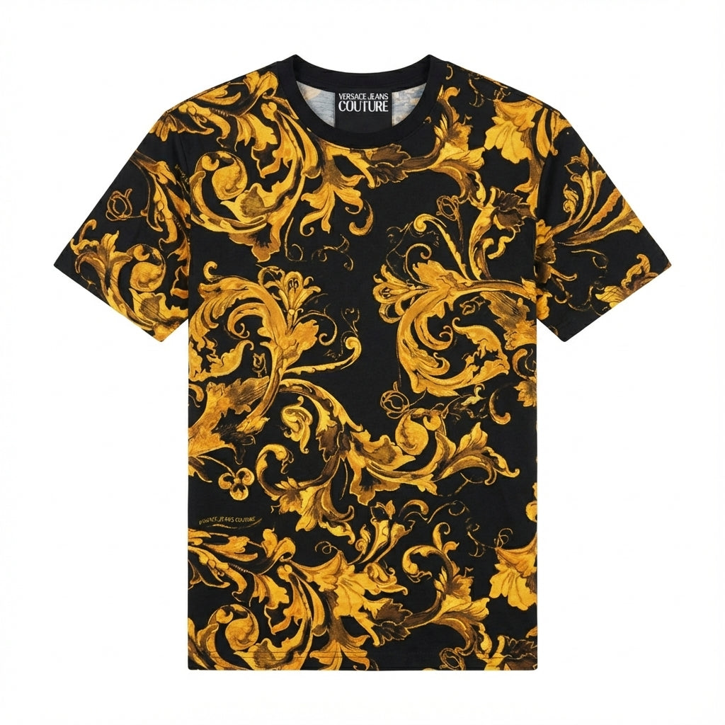 Versace Jeans Couture t-shirt featuring bold yellow and black baroque pattern available at Lestyle Boutique Melbourne