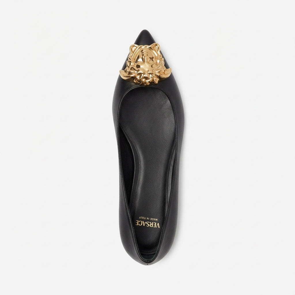 Versace flats featuring gold lion head embellishment available at Lestyle Boutique Melbourne