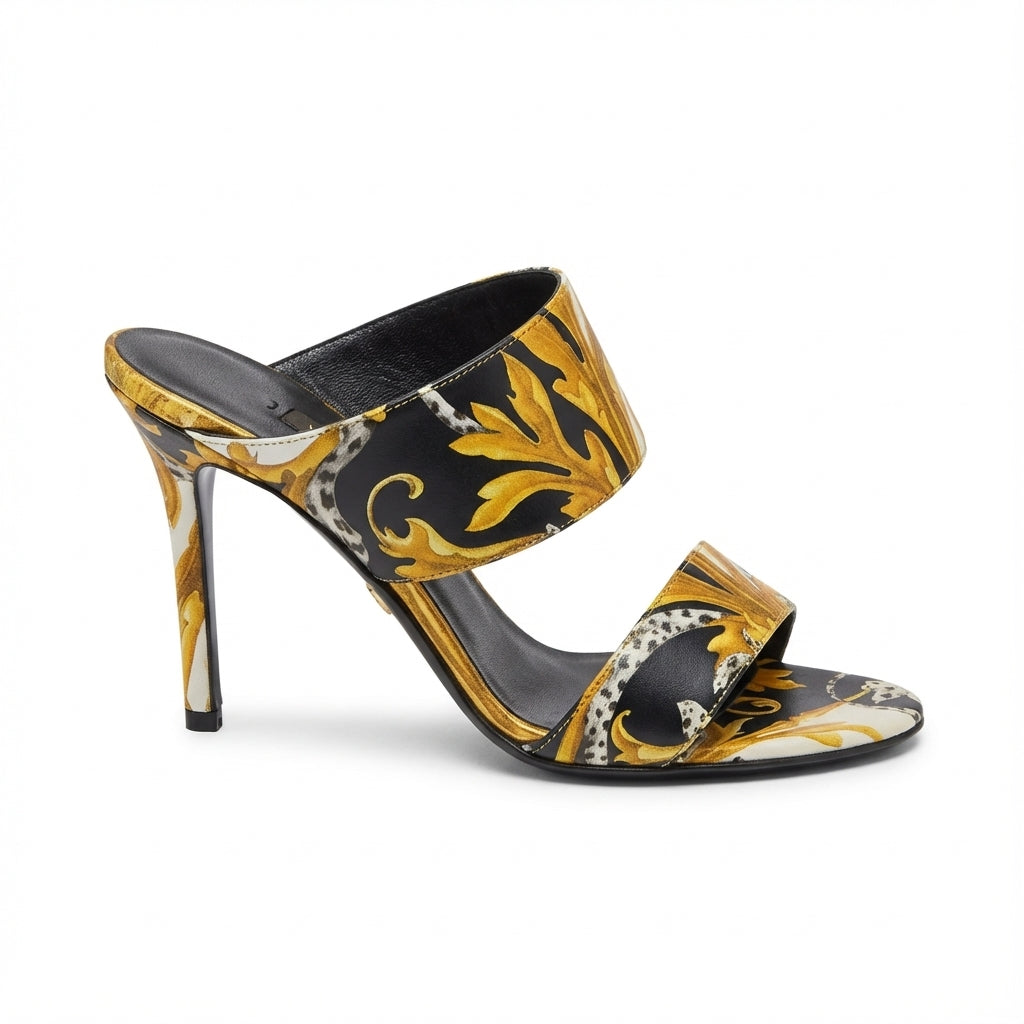 Versace mules featuring a bold baroque pattern available at Lestyle Boutique Melbourne