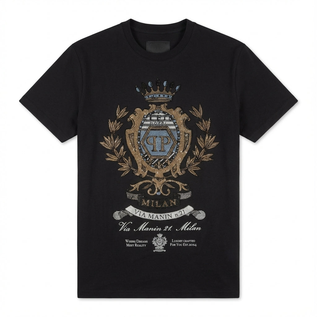 Philipp Plein men's t-shirt featuring an ornate crest and logo available at Lestyle Boutique Melbourne