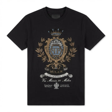 Philipp Plein men's t-shirt featuring an ornate crest and logo available at Lestyle Boutique Melbourne