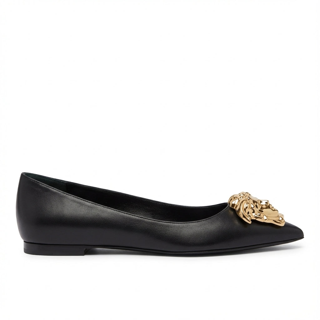 Versace flats featuring gold lion head embellishment available at Lestyle Boutique Melbourne