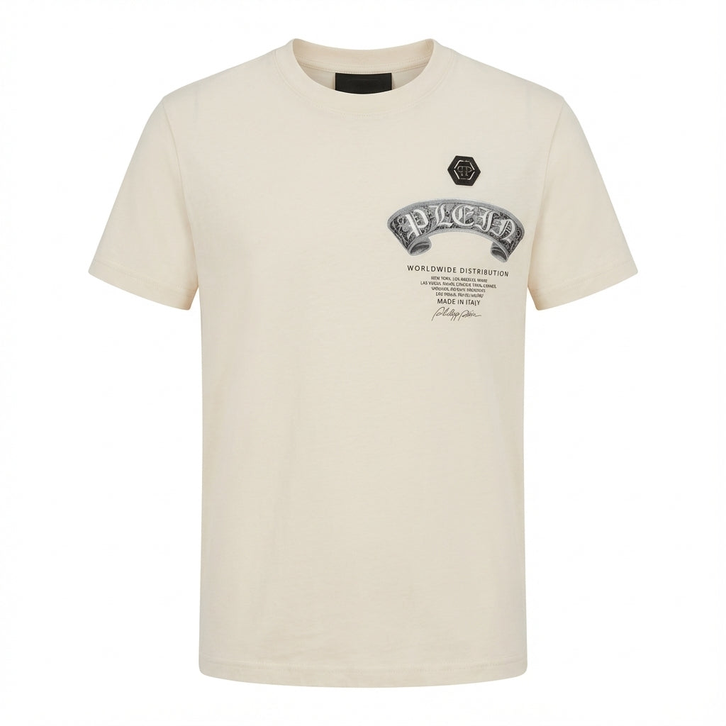 Philipp Plein T-Shirt with worldwide distribution logo available at Lestyle Boutique Melbourne