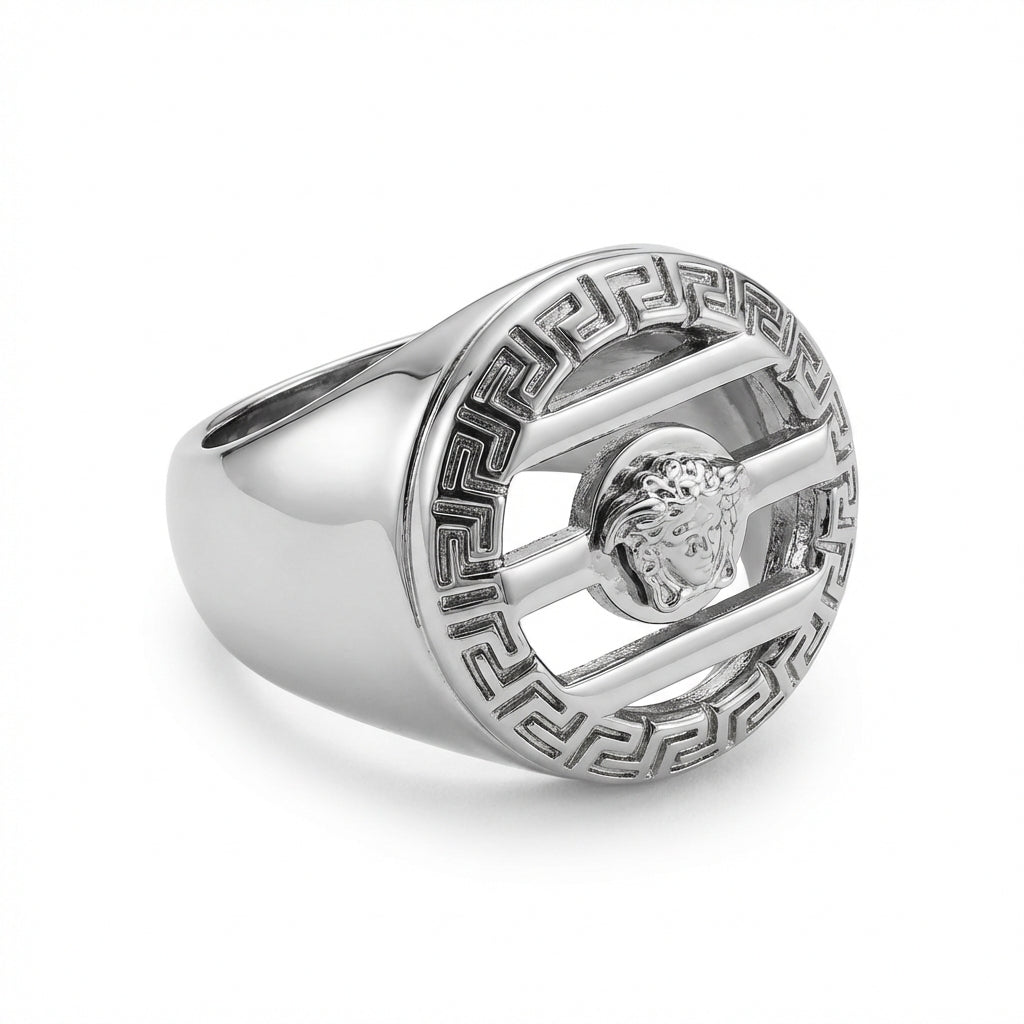 Versace ring featuring Medusa head and Greek key pattern available at Lestyle Boutique Melbourne