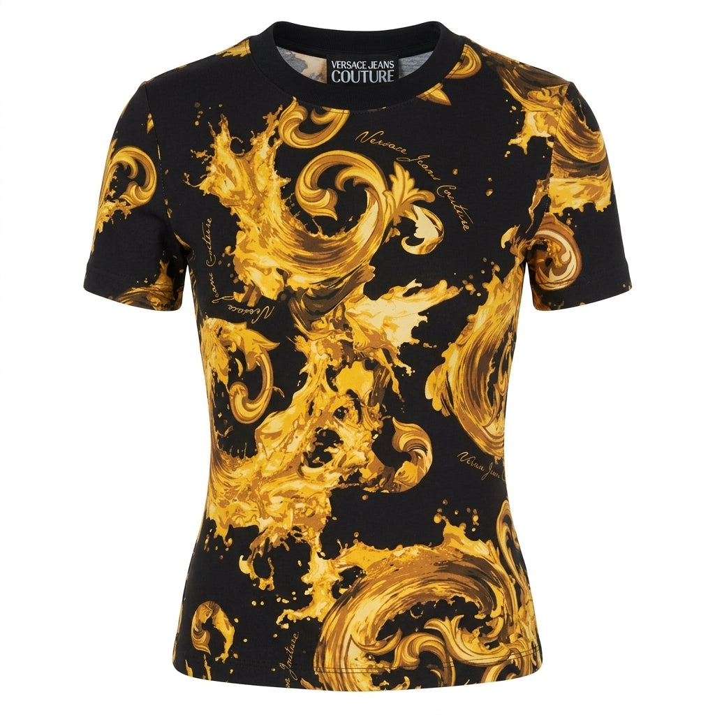 Versace Jeans Couture top featuring bold gold swirls on black fabric available at Lestyle Boutique Melbourne