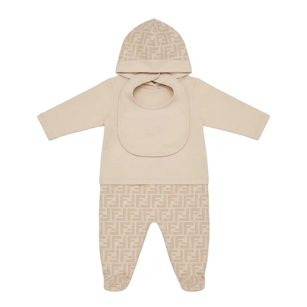 Fendi baby romper set featuring beige color and logo design available at Lestyle Boutique Melbourne