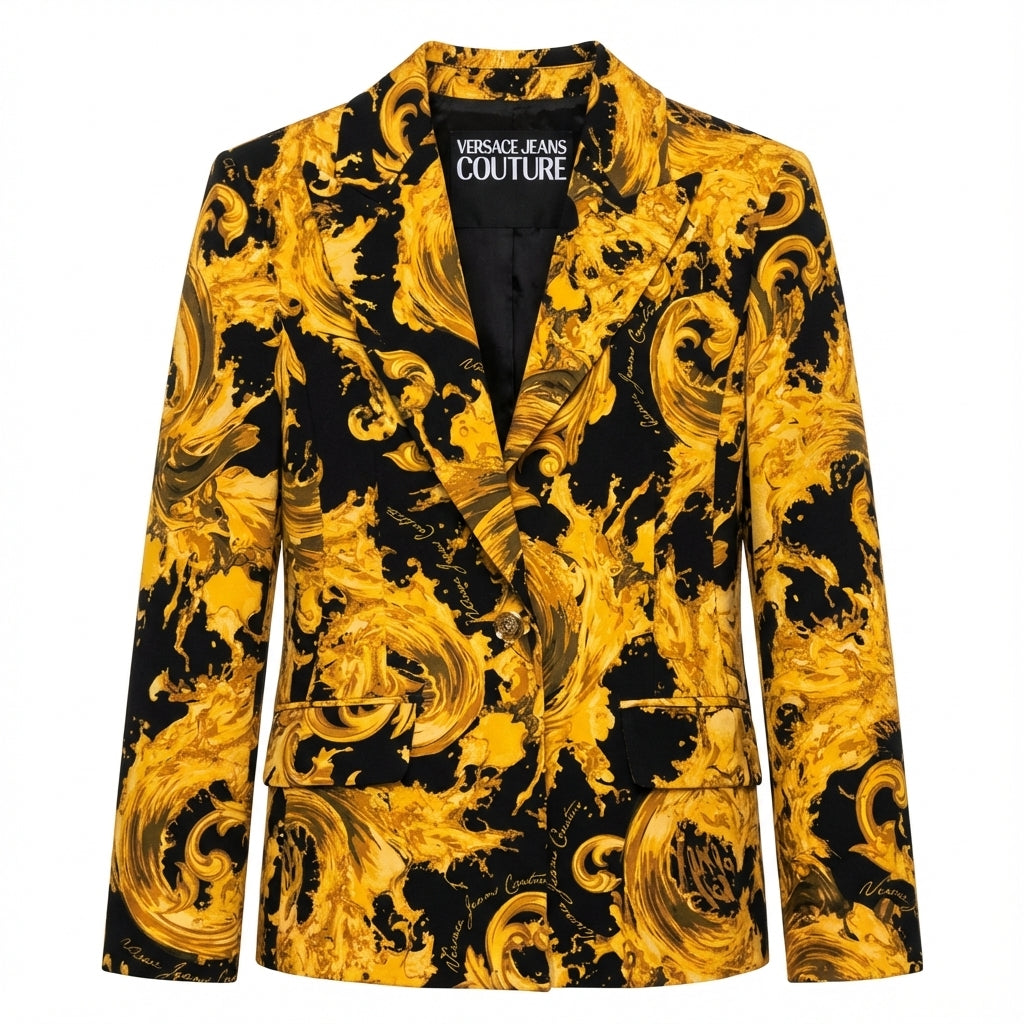 Versace Jeans Couture blazer featuring bold gold and black swirl pattern available at Lestyle Boutique Melbourne