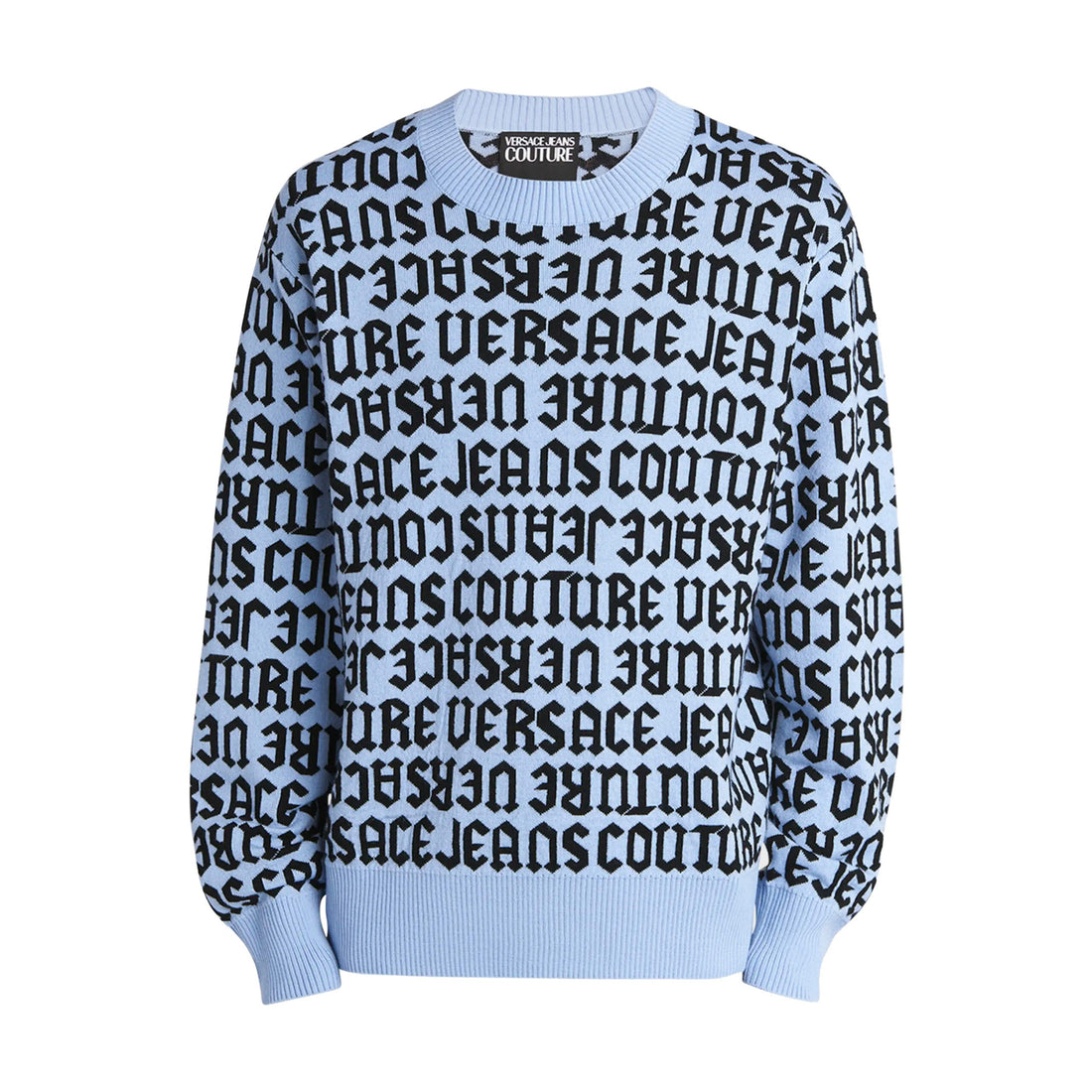 Versace Jeans Couture Men's Repeat Logo black wool sweater with a bold repeat logo design, available at Lestyle Boutique Melbourne. A luxurious and stylish choice for colder seasons.