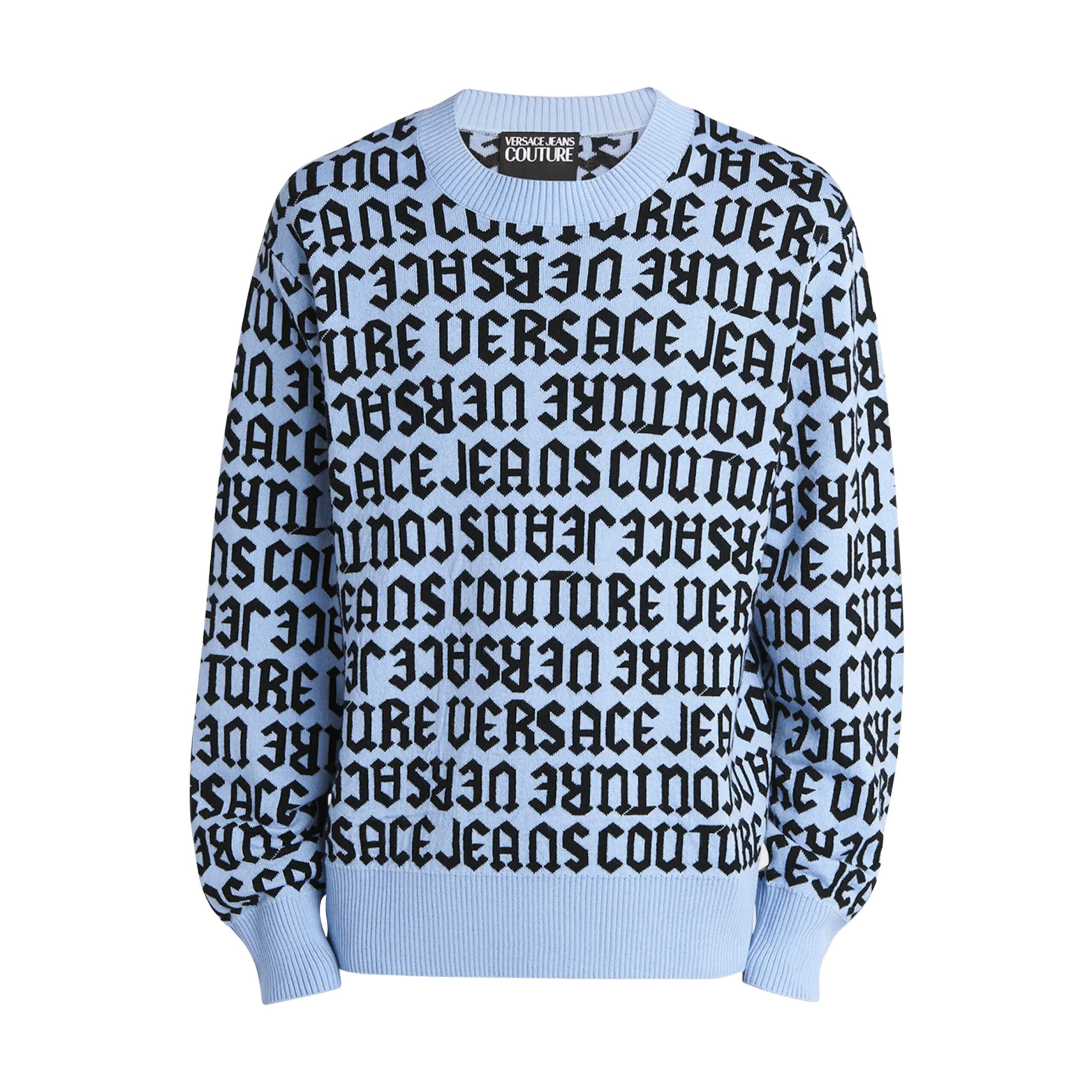 Versace Jeans Couture Men's Repeat Logo black wool sweater with a bold repeat logo design, available at Lestyle Boutique Melbourne. A luxurious and stylish choice for colder seasons.