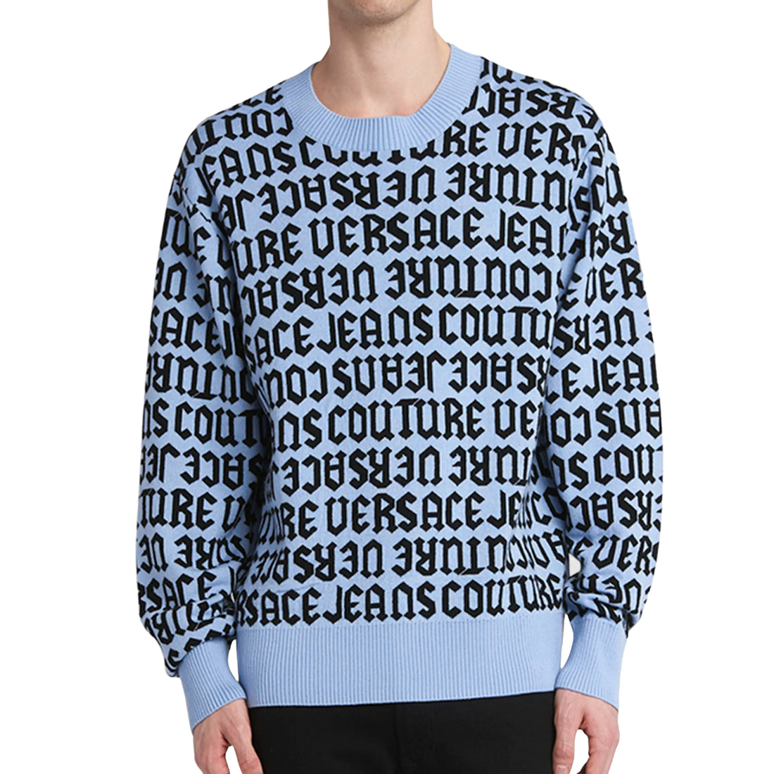 Versace Jeans Couture Men's Repeat Logo black wool sweater with a bold repeat logo design, available at Lestyle Boutique Melbourne. A luxurious and stylish choice for colder seasons.