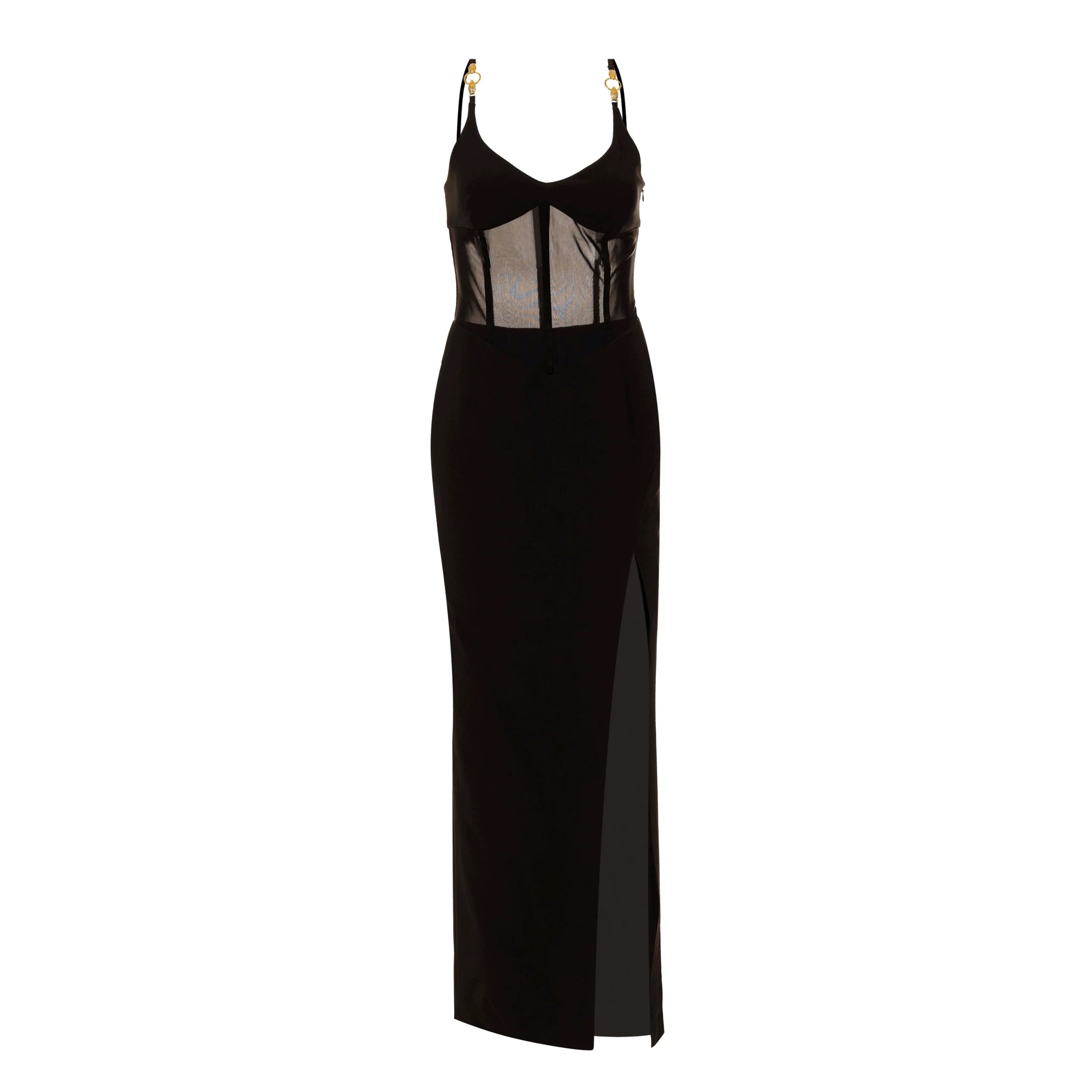 Just Cavalli Long Corset Dress in Black with a fitted corset bodice and a thigh-high slit, available at Lestyle Boutique.