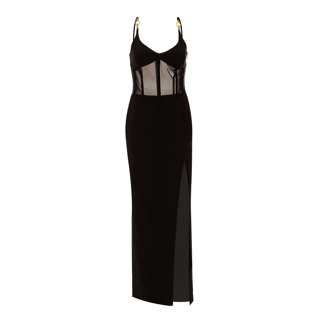 Just Cavalli Long Corset Dress in Black with a fitted corset bodice and a thigh-high slit, available at Lestyle Boutique.
