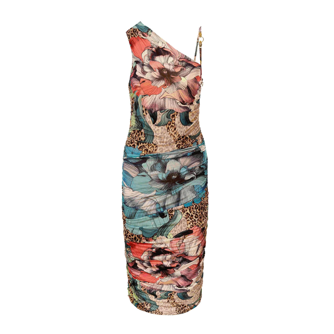 Just Cavalli Midi Organza Dress in Multicolor Scuro featuring a vibrant floral print and asymmetric design, available at Lestyle Boutique.