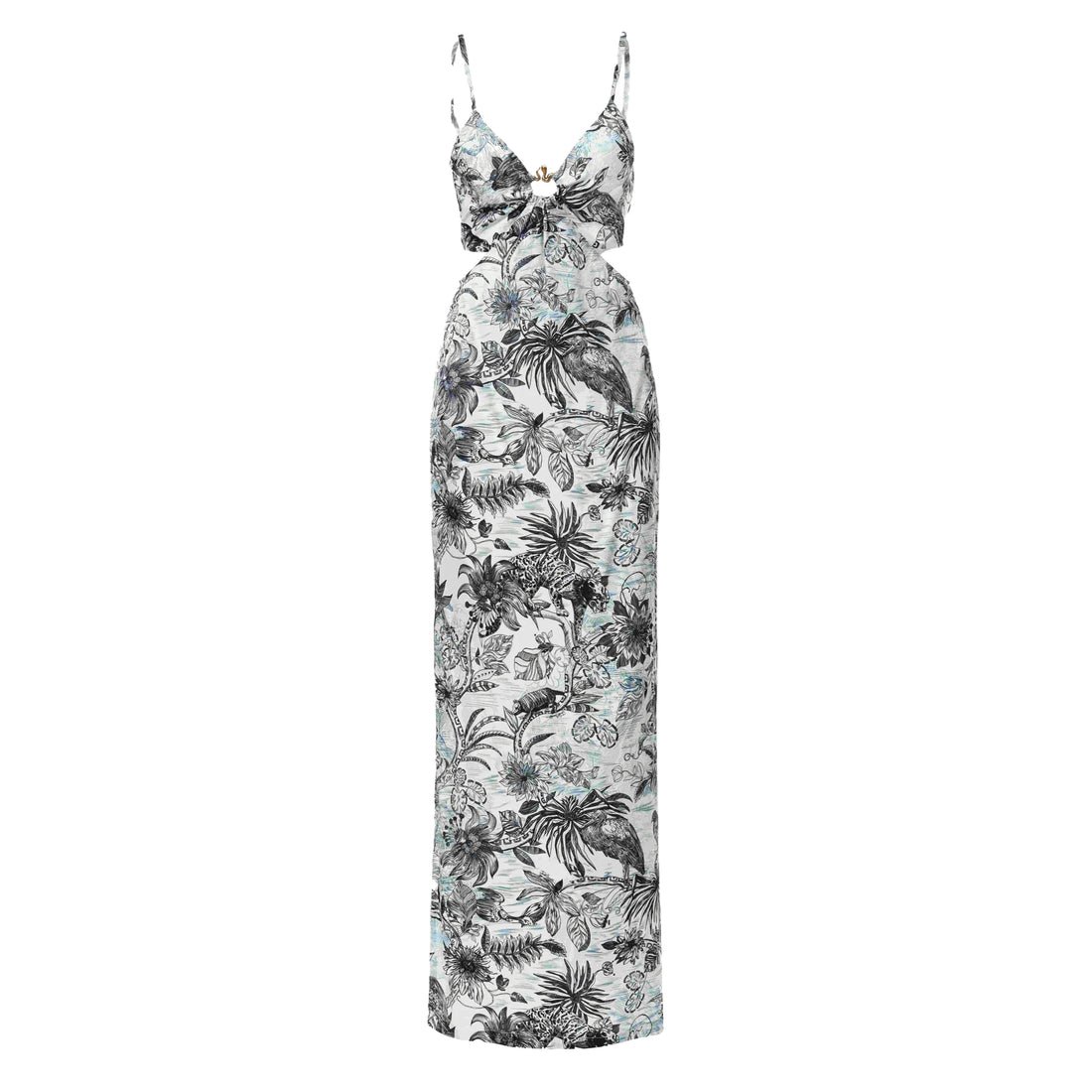 Just Cavalli Long Element Dress Raso VI Strange Jungle in Medieval Blue with an exotic print, perfect for summer soirées, available at Lestyle Boutique.