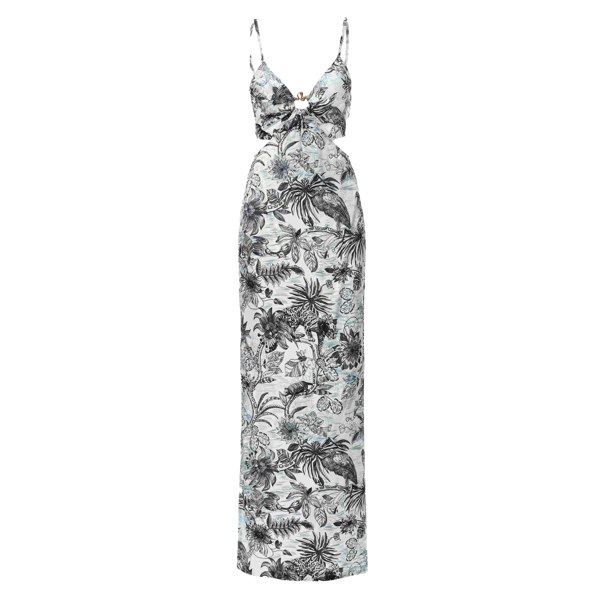 Just Cavalli Long Element Dress Raso VI Strange Jungle in Medieval Blue with an exotic print, perfect for summer soirées, available at Lestyle Boutique.