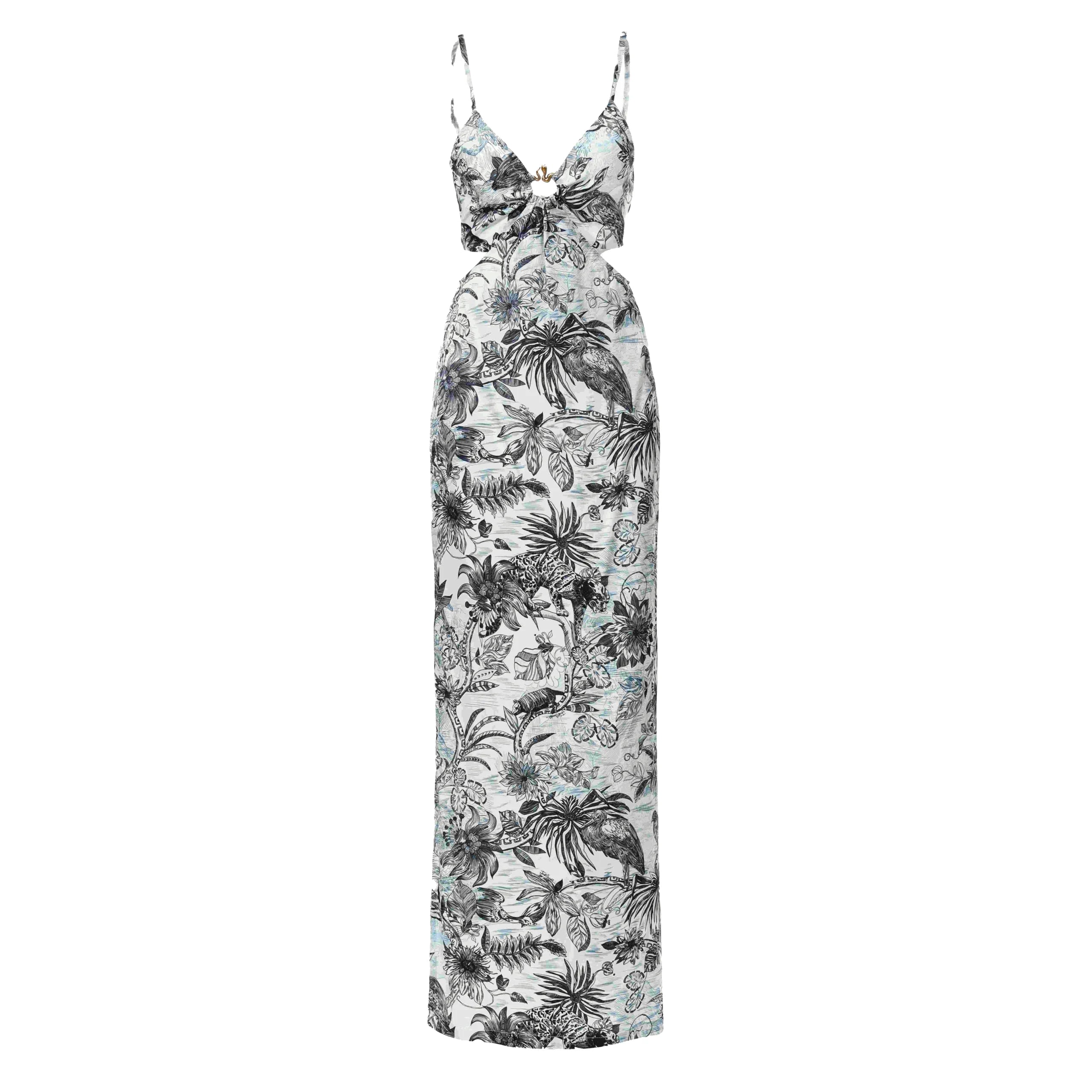 Just Cavalli Long Element Dress Raso VI Strange Jungle in Medieval Blue with an exotic print, perfect for summer soirées, available at Lestyle Boutique.