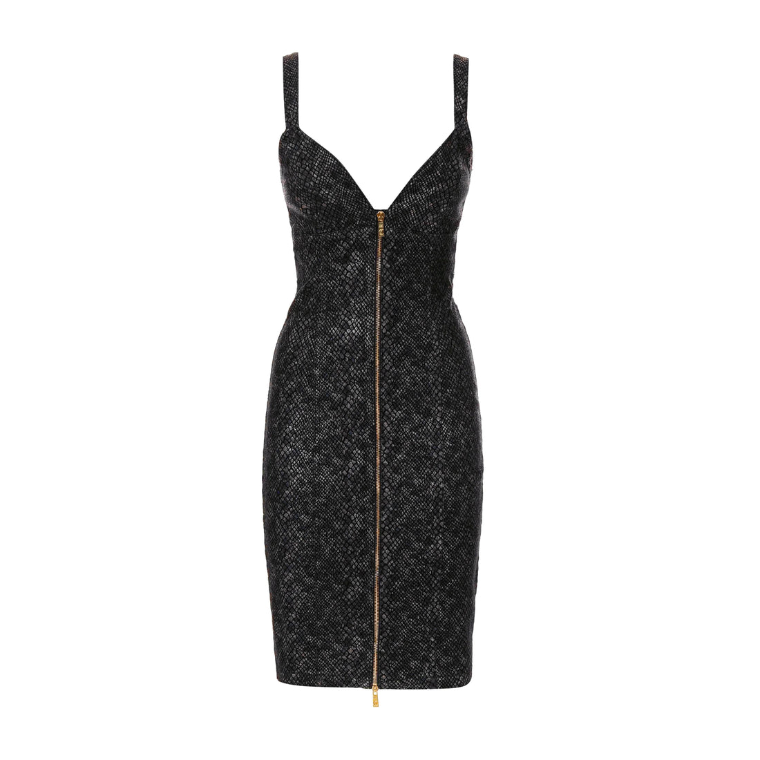 Just Cavalli Midi Denim Python Dress in Indigo with a fitted design and gold-tone zipper detail, available at Lestyle Boutique.