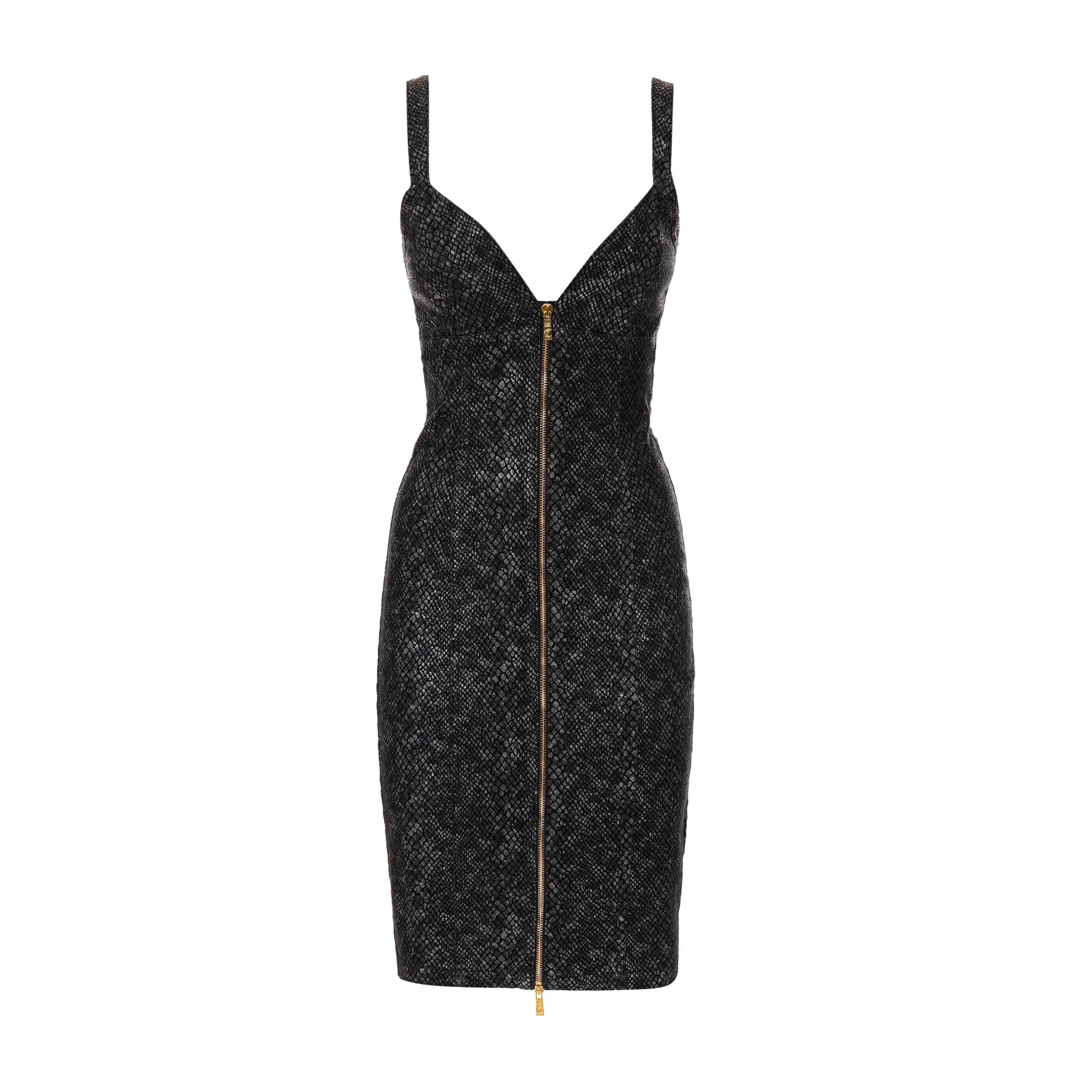 Just Cavalli Midi Denim Python Dress in Indigo with a fitted design and gold-tone zipper detail, available at Lestyle Boutique.