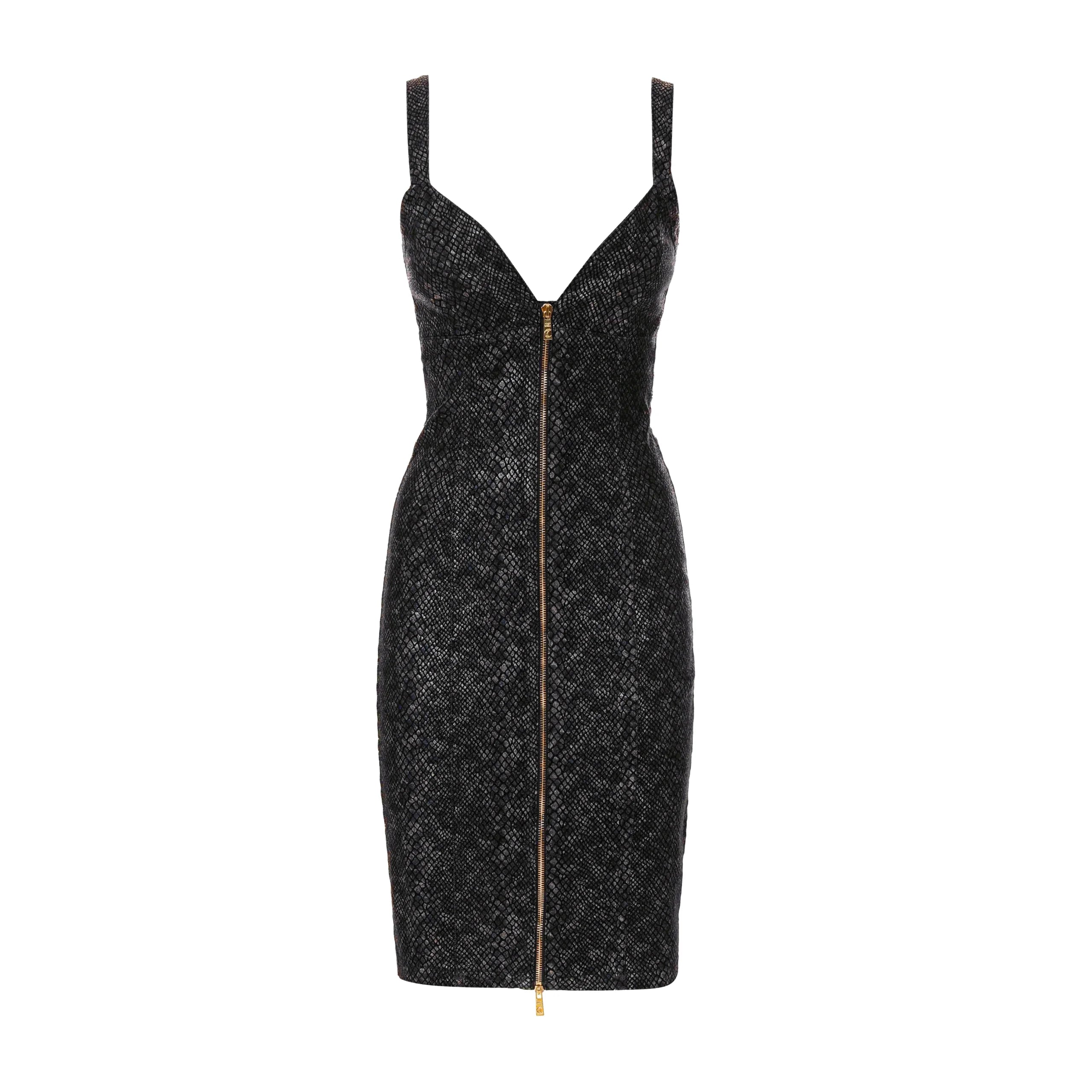 Just Cavalli Midi Denim Python Dress in Indigo with a fitted design and gold-tone zipper detail, available at Lestyle Boutique.