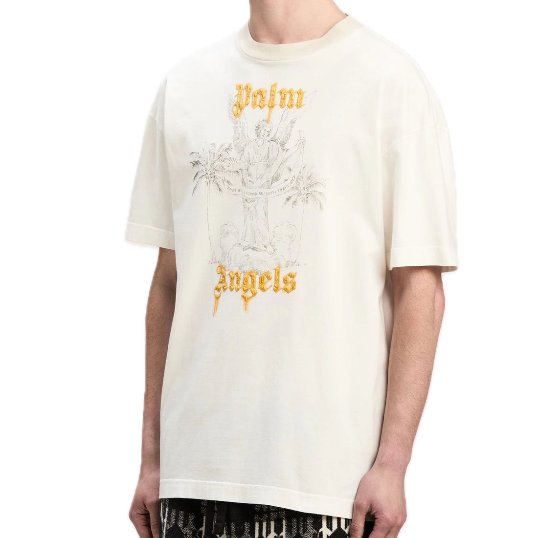 Palm Angels white angel pencil T-shirt with gold "Palm Angels" lettering and grey sketch, available at Lestyle Boutique Melbourne. A stylish and artistic choice for casual wear.