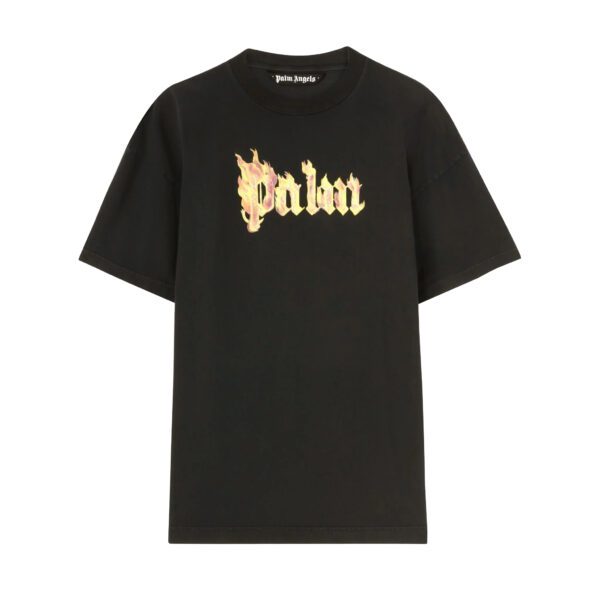 Palm Angels Burning Logo T-Shirt featuring a gold flame design, available at Lestyle Boutique Melbourne