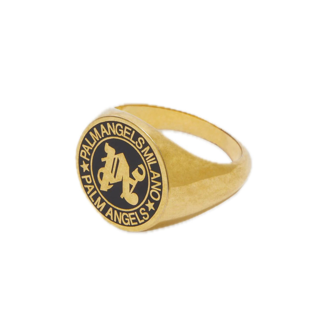 Palm Angels antique gold-plated brass monogram ring with black enamel and Milano inscription, available at Lestyle Boutique Melbourne. A bold and luxurious accessory for any occasion.