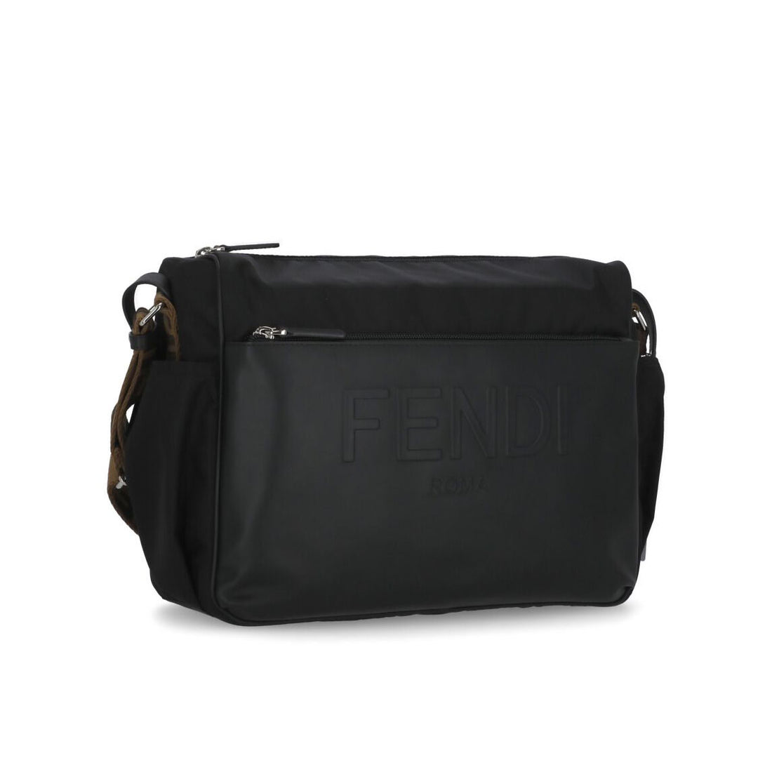 Fendi black changing bag with embossed logo and iconic FF shoulder strap, available at Lestyle Boutique.