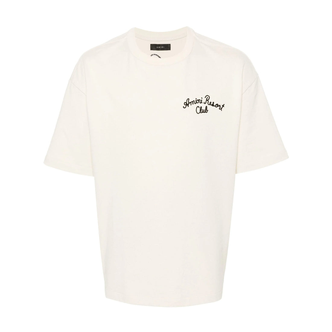 A beige stretch-cotton t-shirt by AMIRI, available at Lestyle Boutique. Featuring embroidered logos on the chest and back, this tee combines comfort and elegance with a resort-inspired aesthetic.