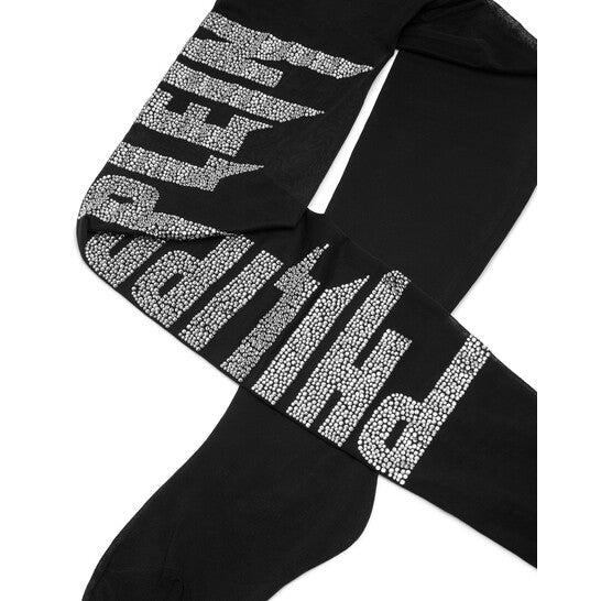 Philipp Plein Black Crystal Plein Nylon Tights featuring crystal embellishments available at Lestyle Boutique Melbourne