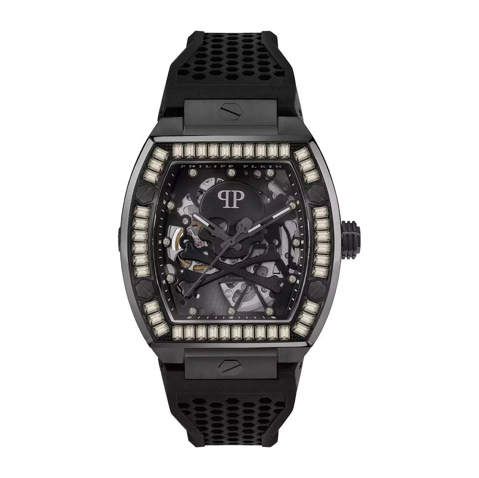 Philipp Plein PWBAA1923 men’s skeleton automatic watch with black tonneau case, crystal markers, and black rubber strap, available at Lestyle Boutique at 136 Little Collins Street, Melbourne.
