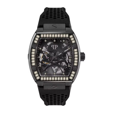 Philipp Plein PWBAA1923 men’s skeleton automatic watch with black tonneau case, crystal markers, and black rubber strap, available at Lestyle Boutique at 136 Little Collins Street, Melbourne.