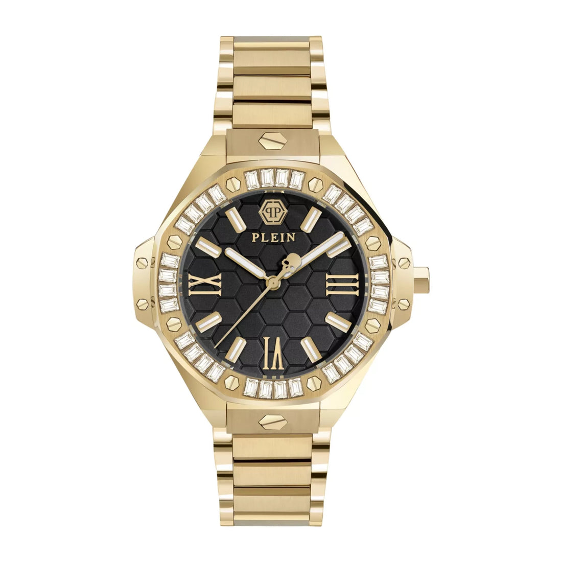 Philipp Plein women's gold 39mm bracelet watch with gemstone bezel and black patterned dial, available at Lestyle Boutique at 136 Little Collins Street, Melbourne.