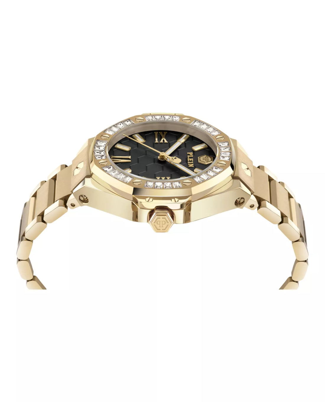 Philipp Plein women's gold 39mm bracelet watch with gemstone bezel and black patterned dial, available at Lestyle Boutique at 136 Little Collins Street, Melbourne.