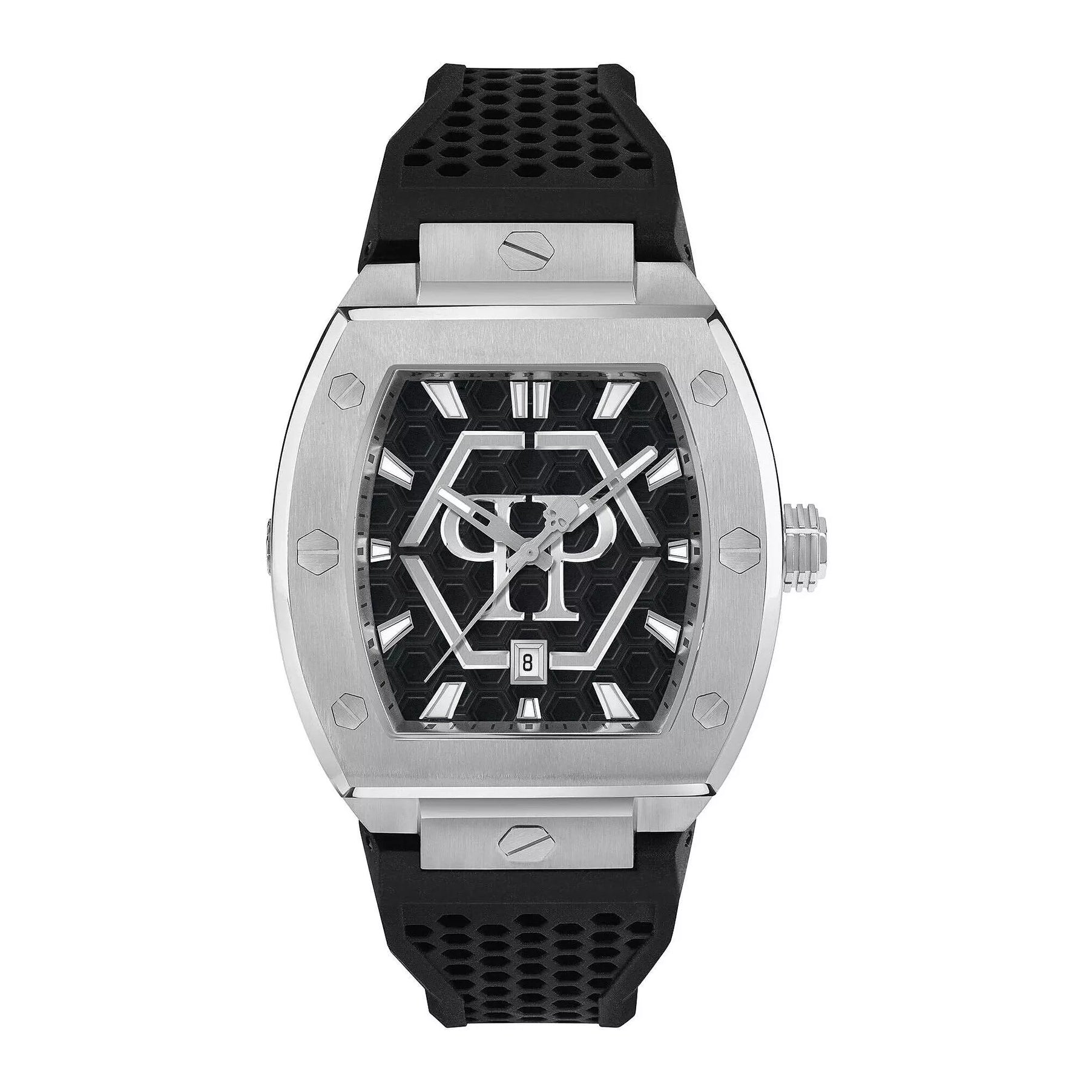 Philipp Plein Hexagon Phantom men’s watch with black silicone strap and hexagonal dial in stainless steel, available at Lestyle Boutique at 136 Little Collins Street, Melbourne.