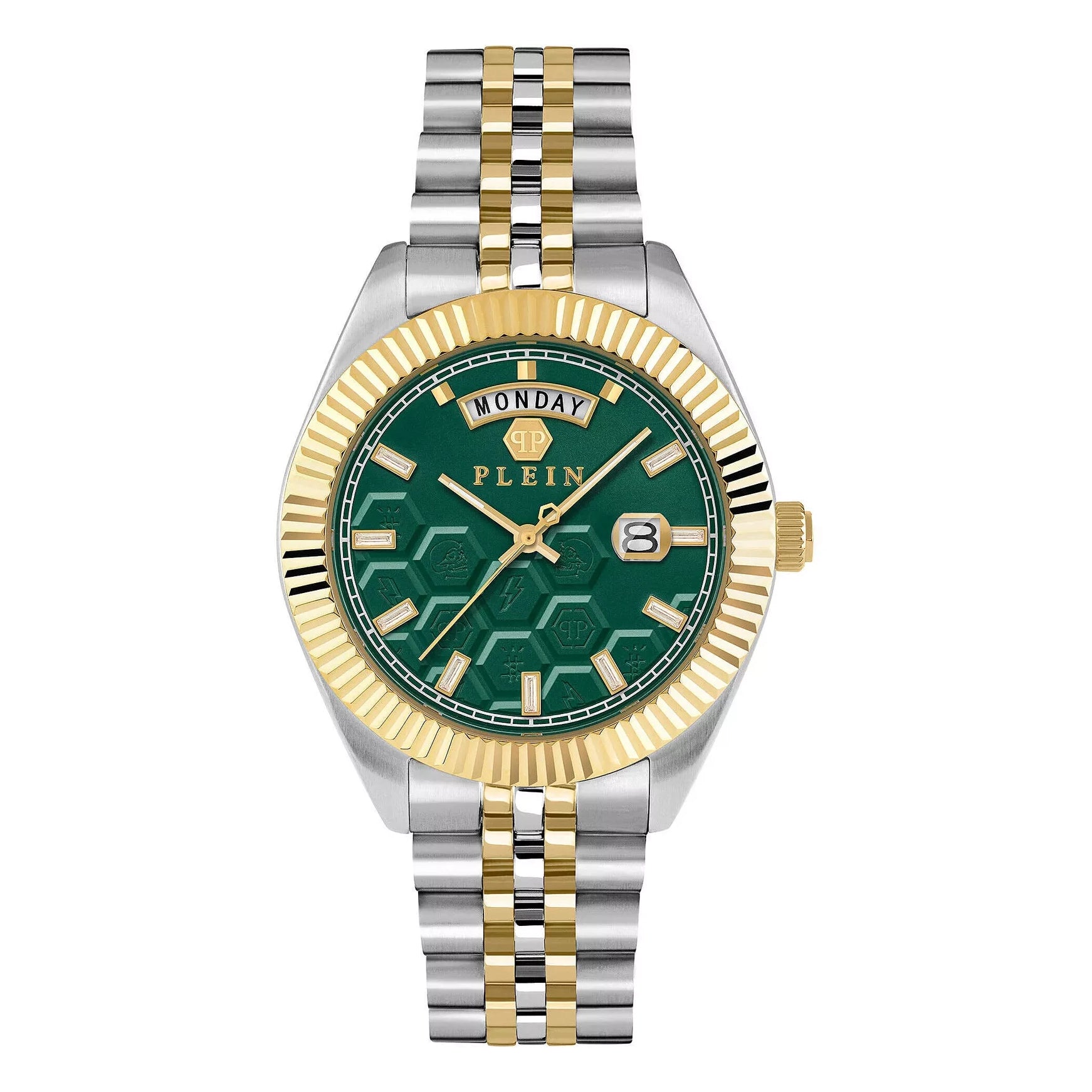 Philipp Plein men's Date Superlative watch in green with gold and silver stainless steel bracelet, available at Lestyle Boutique at 136 Little Collins Street, Melbourne.