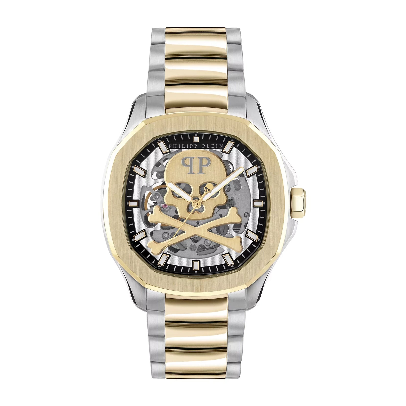 Philipp Plein men's skeleton automatic watch in gold and silver stainless steel with exposed dial and signature crossbones design, available at Lestyle Boutique at 136 Little Collins Street, Melbourne.
