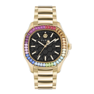 Philipp Plein women's Spectre watch in gold with multicolour crystal bezel and black dial, available at Lestyle Boutique at 136 Little Collins Street, Melbourne.