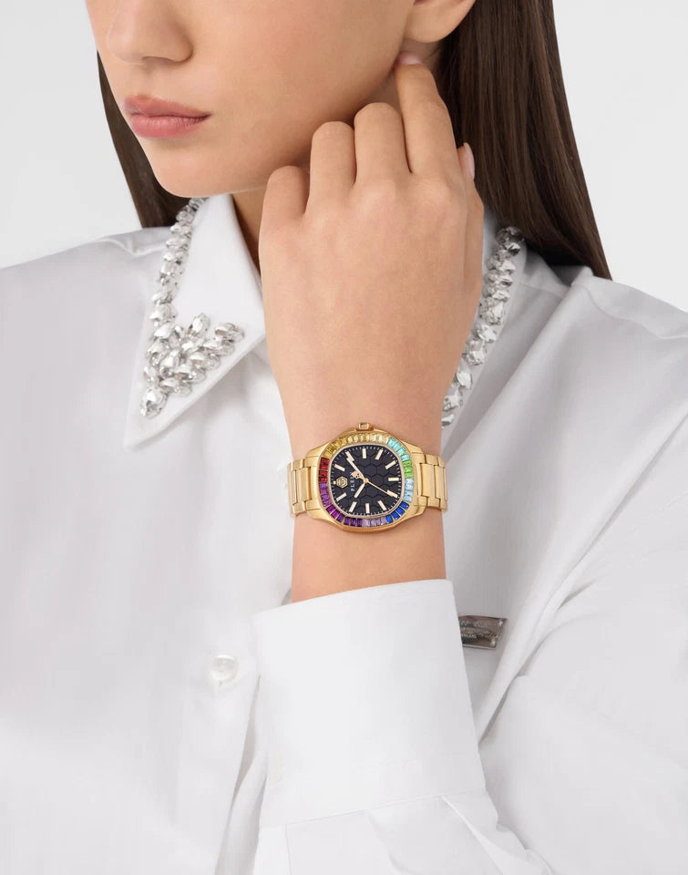 Philipp Plein women's Spectre watch in gold with multicolour crystal bezel and black dial, available at Lestyle Boutique at 136 Little Collins Street, Melbourne.