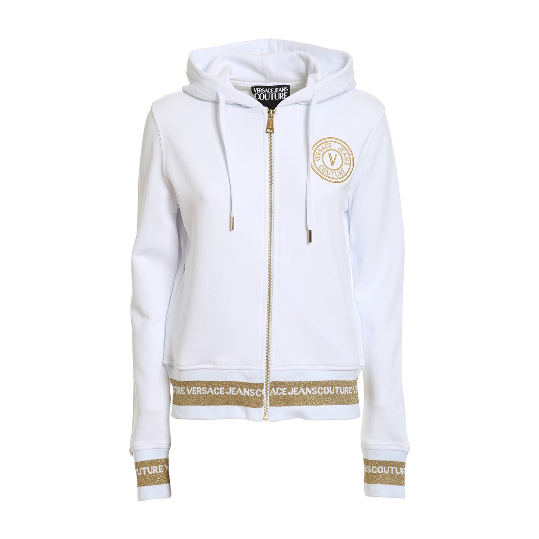 Versace Jeans Couture SS22 white hooded jacket with gold-tone logo detailing on chest, back, and waistband, available at Lestyle Boutique Melbourne. A luxurious and stylish choice for casual wear.
