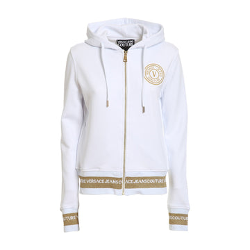 Versace Jeans Couture SS22 white hooded jacket with gold-tone logo detailing on chest, back, and waistband, available at Lestyle Boutique Melbourne. A luxurious and stylish choice for casual wear.