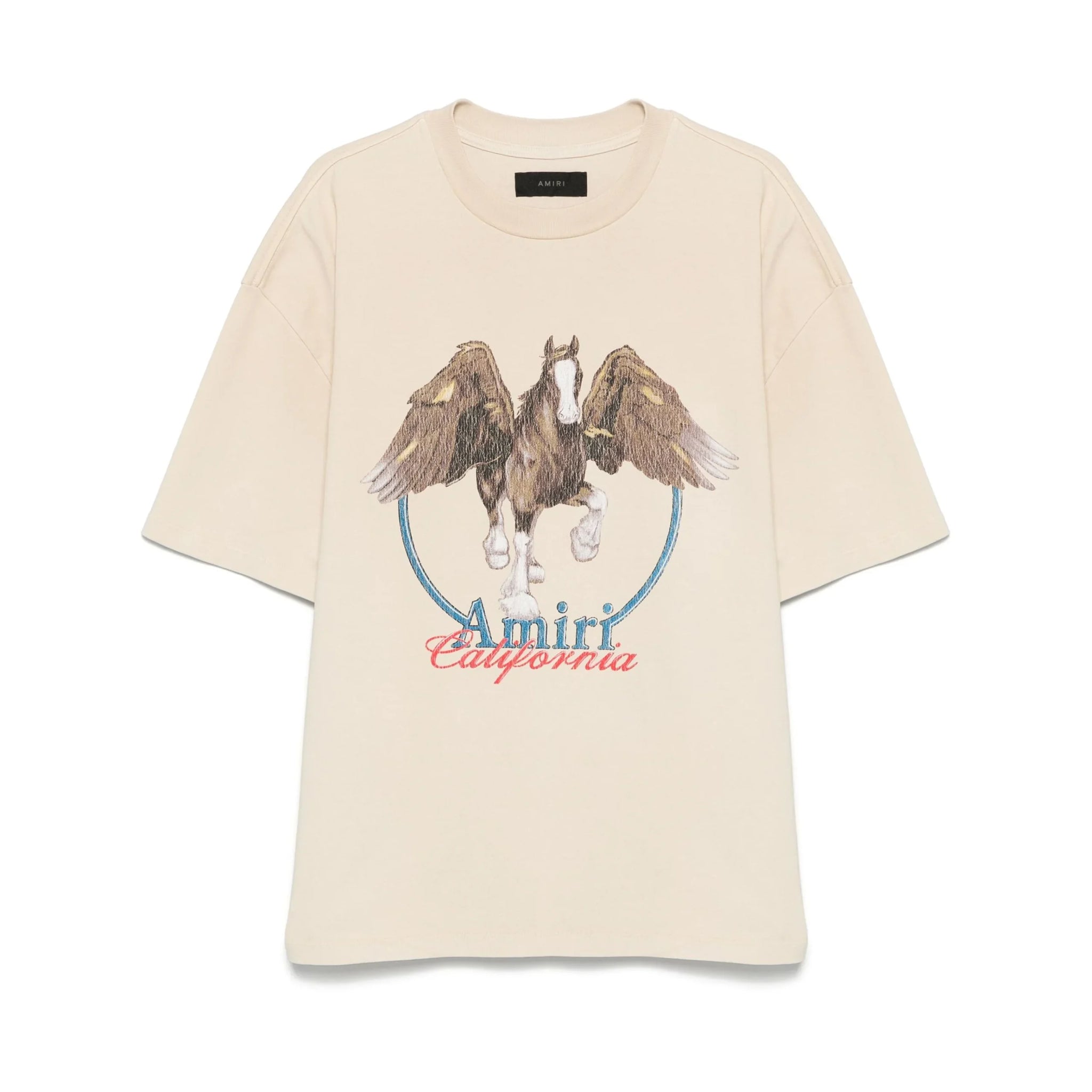 An alabaster vintage wash t-shirt by AMIRI, available at Lestyle Boutique. Featuring a bold Pegasus print and Amiri California logo, this tee offers a unique retro-inspired style.