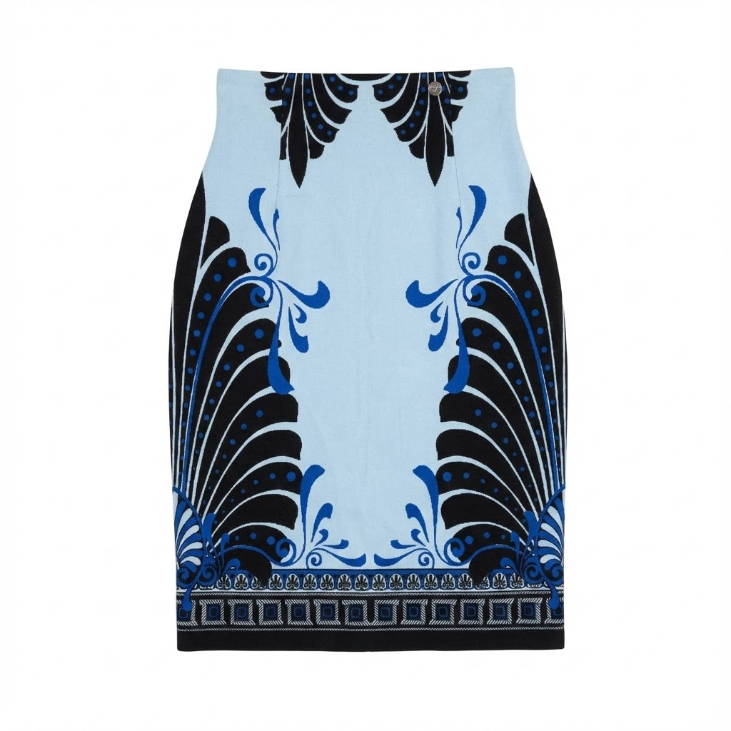 Versace skirt featuring ornate blue and black print available at Lestyle Boutique Melbourne